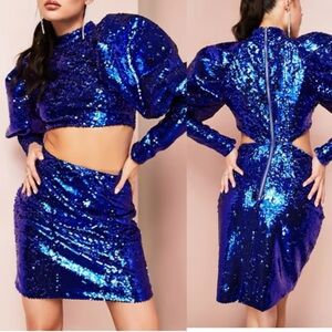 ASOS LUXE high neck puff sleeve cut out sequin mini dress in blue| Sz 0
